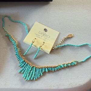 NEW Davinci hook Earrings &  Necklace set faux turquoise seed-bead and gold